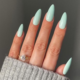 YOSOMK Mint Green Acrylic Press on Nails Almond Medium Fake Nails Press Ons Full Cover Glue on False Nail Bright Surface Designs Artificial Stick on Nail for Women