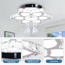 FRIXCHUR Crystal Chandelier Modern LED Flower Shape Chandeliers Ceiling Light Fixture Flush Mount Ceiling Lamp for Bedroom Living Room Dining Room Foyer(Cool White)，13.4"