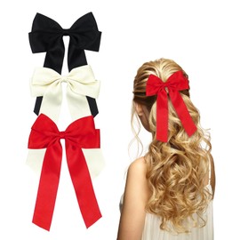 3Pcs Hair Bows, Hair Ribbons for Women, Satin Bow Hair Clips for Women Girls Hair Accessories Hair Barrettes(Black, Beige, Red)