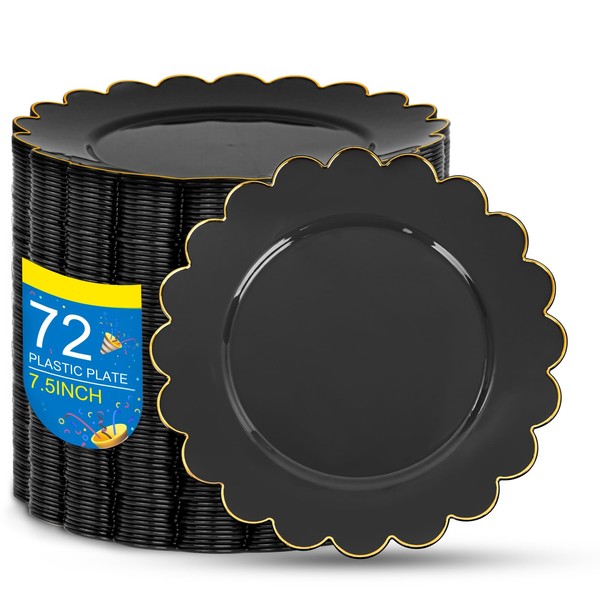 SUT 72 PCS Black Plastic Plates with Gold Rim, Halloween