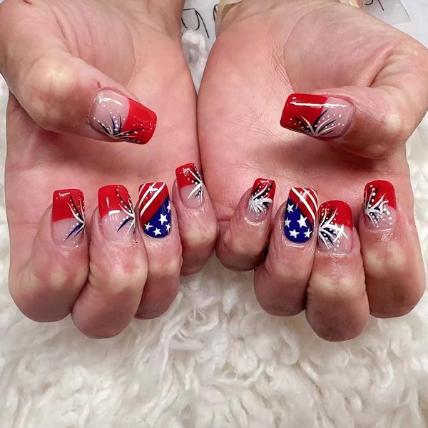 24Pcs 4th of July Press on Nails with Star Designs
