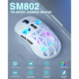 SOLAKAKA SM802 White Wireless Gaming Mouse,10000 DPI,Tri-Mode Wired/BT 5.0/2.4GHz Wireless Mouse Gaming with 2 Side Buttons,RGB Programmable Macro Mouse for Laptop,PC