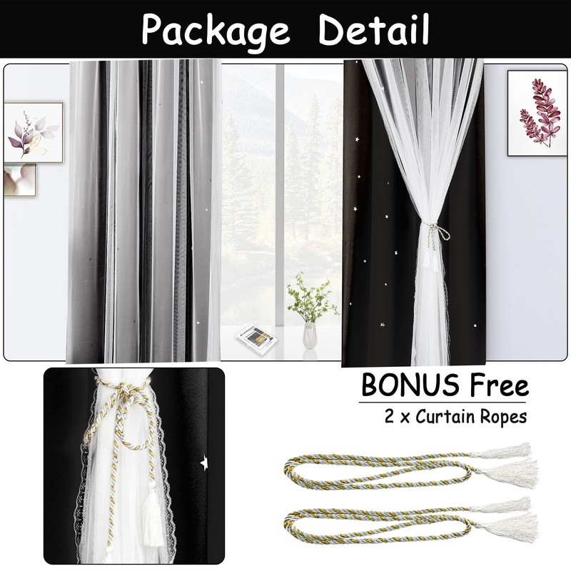 Kinryb Black Star Cutout Blackout Curtains Double Layer Curtains with