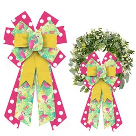 ALIBBON Large Flamingo Bows for Wreaths, Summer Wreath Bows, Rosy Red Yellow Green Bows, Circle Dots Bows for Crafts, Summer Decor, Tropical Leaves Bows for Wreath Indoor Outdoor Decorations