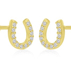 Tiny Sterling Silver Yellow Gold-Tone Horseshoe Stud Earrings with Cubic Zirconia CZ