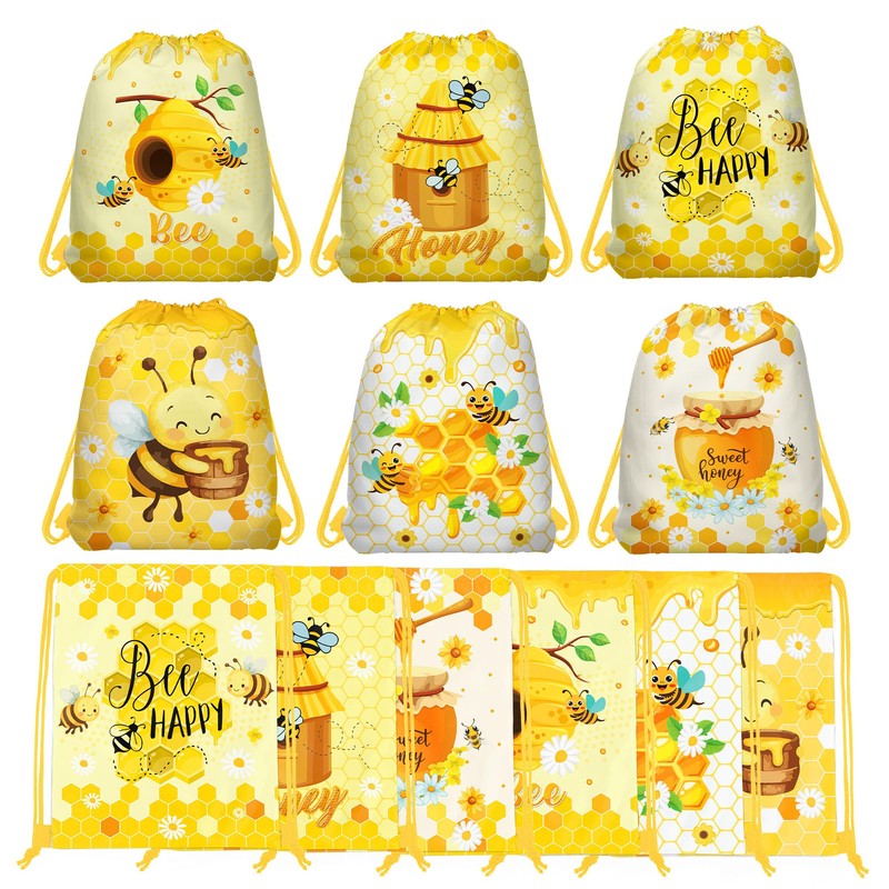 12 Pcs Bee Drawstring Bag Set, Honey-Print Non-Woven Backpacks &