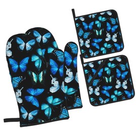 Blue Butterfly Oven Mitts and Pot Holders Sets 4 Pcs Set, Heat Resistant Oven Gloves Hot Pad for Kitchen Cooking Baking BBQ