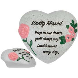 Sadly Missed Memorial Heart Ornament with Diamantes & Roses – Graveside Grave Decoration, Cemetery Ornament, Sympathy Gift for Mum Dad Nan Grandad – Funeral Remembrance Tribute Stone Effect Keepsake
