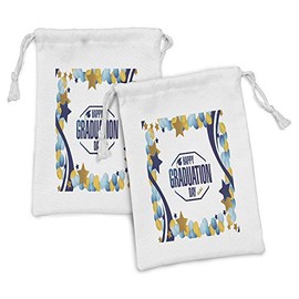 Lunarable Graduation Fabric Pouch Set of 2, Happy Graduation Day Party Logo with Stars Balloons Ribbons Art Image, Small Drawstring Bag for Toiletries Masks and Favors, 9" x 6", Yellow Blue