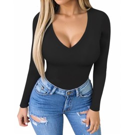 MANGOPOP Women's Long Sleeve Bodysuit Sexy V Neck Body Suits Fitted Fall Going Out Tops(Black,Large)