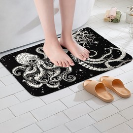 Galaxy Bathroom Rugs,Octopus Tentacles Area Rug 16"X24" Kawaii Room Decor,Stars Door Mat Fleece Fabric Coastal Creature Shower Mat Nautical Sea Animal Mermaid Tail Bath Mat Black and White
