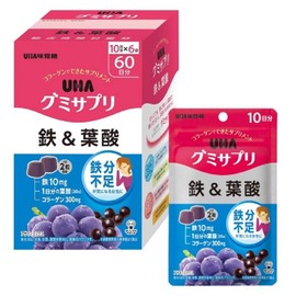 UHA Flavor Sugar Gummy Supplement, Iron & Folic Acid, 60 Day Supply (10 Day Supply x 6 Bags) [EC Limited]
