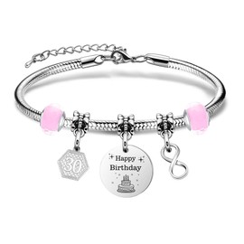 Yumioxa Women's Birthday Bracelets Celebrate with Dainty Infinity Pendant Silver Color Bracelets-Perfect Women's Gift for 7th-60th,Cut Beads Exquisite Pink Romantic Women Jewelry (30th)
