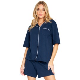 CityComfort Womens Pyjamas Summer Nightwear 2 Piece 100% Cotton Button Down Short PJs for Women Sets Soft Breathable Lounge Wear Cute Pyjamas Sizes S-XL Short Sleeve Sleepwear (Navy, M)
