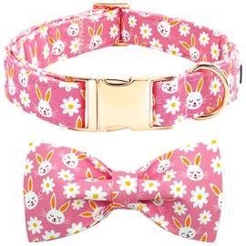 Bobo Rainbow Easter Dog Collar-Pink Rabbit Collar Adjustable Cute Pet Collar Soft Pink Flower Dog Collar with Bow Tie Holiday Cotton Puppy Collar Metal Buckle Collar Gift for X-Large Dogs