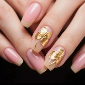 MERVF Press on Nails Medium Square Fall Light Brown French Tip Fake Nail Glue ons Acrylic Nail Gold Leaf Design Art Manicure Supplies 24pcs Glossy