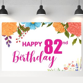 ALLUREVIE Happy 82nd Birthday Decoration Backdrop Birthday Banner Floral Birthday Party Decoration Photo Background Anniversary Party Supplies - 71 x 44 Inches