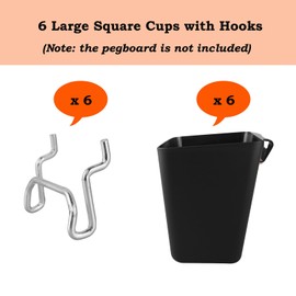 Pegboard Cups with Hooks 6 Pack - Peg Board Organizer Accessories Fits 1/8" & 1/4" Pegs - Storage Bins Aesthetic Decoration for Garage Craft Room Playroom Office Workbench Organization (Black)