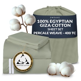 Sweave 100% Egyptian Cotton Percale Sheets Twin Size - Genuine Luxurious 400 Thread Count - Naturally Crisp, Breathable, Skin-Friendly & Cooling - Softer After Each Wash - Oeko-TEX Certified Giza