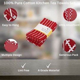 Penguin Home® 100% Cotton Tea Towel, Set of 10, Soft, Durable, Stylish Red Design with Multiple Patterns, Machine Washable, 65 x 45 cm, Pack of 10