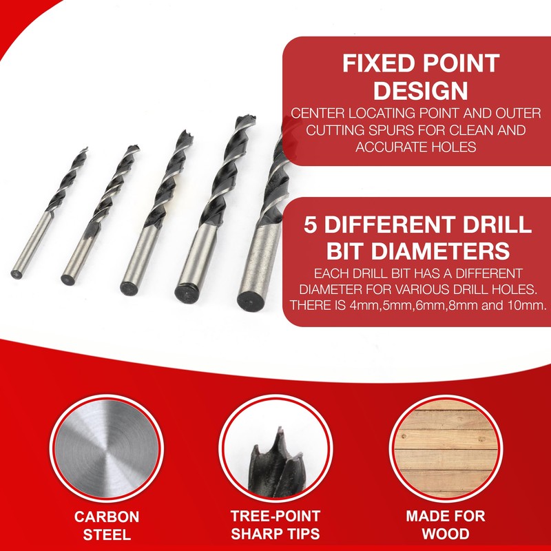 5PC Brad Point Wood Drill Bit Set – 4mm, 5mm,