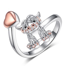 SCZKLAQ Highland Cow Ring 925 Sterling Silver Adjustable Cute Cow Open Rings Scottish Western Highland Cow Jewelry for Women Cow Gifts for Girls (9), Sterling Silver, Cubic Zirconia