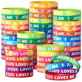 PullCrease 50 Pcs Jesus Loves Me Wristbands Bulk 10 Styles Rainbow Religious Silicone Bracelets Christian Cross Silicone Wristbands Gift for Bible School Church Group