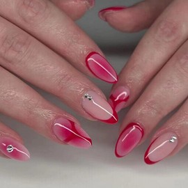Rose Pink Gradient Press On Nails Medium Almond False Nails Full Cover With Rhinestones Designs Red French Tips Glossy Stick On Nails Acrylic Finishes 24 Pcs
