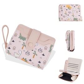 Belsmi Compact Small Leather Wallet, Dinosaur Print, For Women/Girls, Mini Bifold (Pink)
