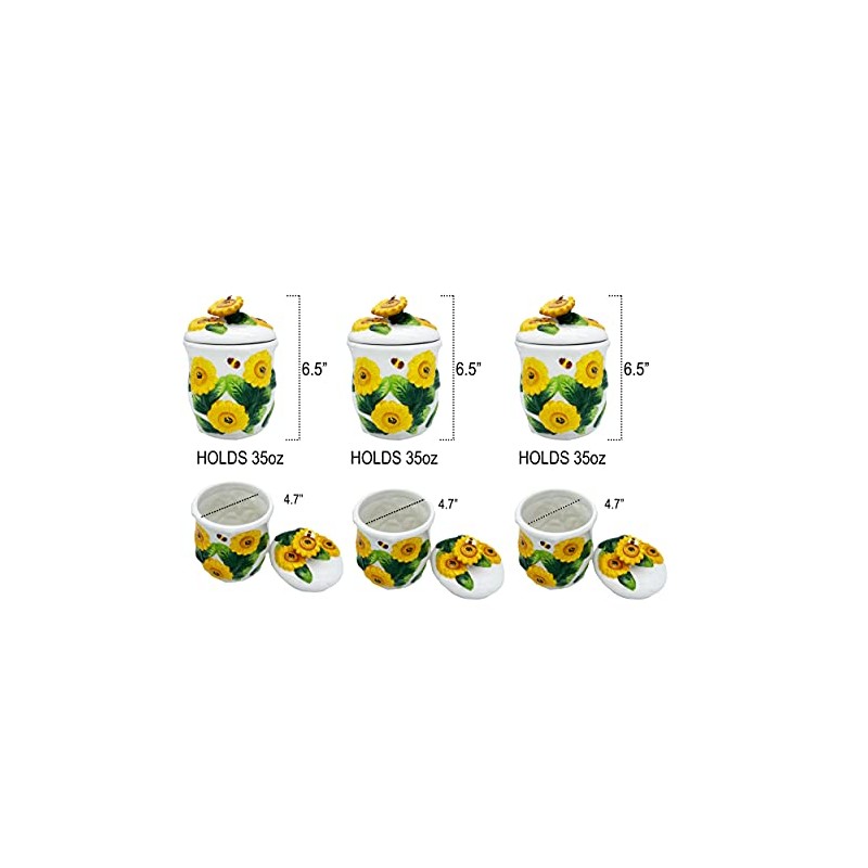 ACK 3D Sunflower 3pc Hand Painted Ceramic Canister Set with