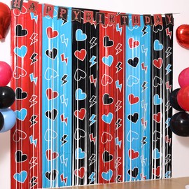 Red Queen Party Decor Kit with 15 Balloons - 2 Pack 3.3x6.6ft Tinsel Fringe Curtains Backdrop, Heart Photo Booth Props, Birthday Supplies for Girls Room Decor, Red/Black/Blue
