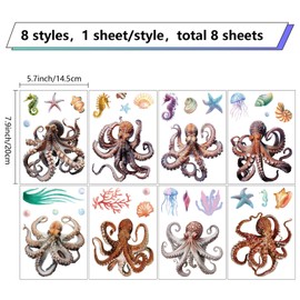CRASPIRE Octopus Windows Decals Self Adhesive 8 Sheets PVC Sea Ocean 3D Glass Wall Stickers Jellyfish Starfish Shells Coral Seahorse Marine Clings Peel and Stick Summer for Home Bathroom Kitchen Decor
