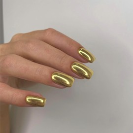Mirror Metal Gold Press on Nails Medium Short Square Chrome Glazed Short Gel Nails Press ons Shiny Plating Nails Acrylic Nails Reusable Thick Fake Nails for Women Glue on Nails Medium Length