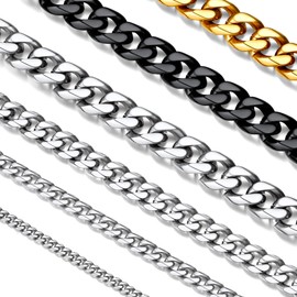 Suplight Men's Curb Chain 3/6/9 mm Wide Cuban Link Chain, Silver/Gold/Black, 36/46/51/55/61/66/71/76 cm, Stainless Steel