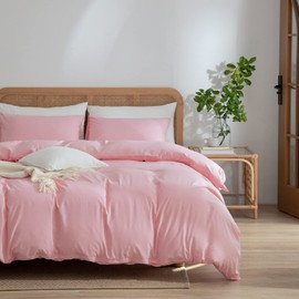 Pink Duvet Cover Queen, 100% Washed Microfiber Pink Bedding Set 3 Pieces Solid Duvet Cover, 1 Duvet Cover with 2 Pillowcases, with Zipper Closure, Ultra Soft Feel Natural Wrinkled (Pink, Queen)