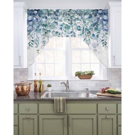 Spring Eucalyptus Leaves Swag Valances for Kitchen Window, Blue Floral Swag Curtains Drapes for Bedroom Bathroom Over Sink Summer Botanical Rod Pocket Window Treatment Printed Valances, 56x36 Inch