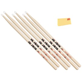 Vic Firth American Classic 5A Nylon Tip Drumsticks - 3 Pack Bundle with Austin Bazaar Polishing Cloth