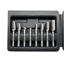 Carbide Burrs Set 8pcs with 1/4" Shank Double Cut Solid Carbide Rotary Burr Set for Die Grinder Drill,Metal Carving, Polishing,Engraving,Drilling