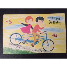 Vintage Cartoon Postcard Kids On Bicycle Built For 2 - psalms Birthday Card New