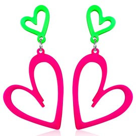 2Pair 80s 90s Neon Heart Earrings for Women Trendy Acrylic Neon Earring Fashion Statement Jewelry Accessories Retro Pendant Acrylic Drop Dangle for Summer 80s 90s Party Outfits Costumes - Candy Color