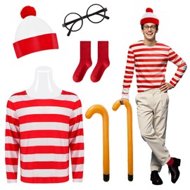 5 Pcs Red and White Striped Wally Costume for Adult, World Book Day Fancy Dress Red and White Stripe T-Shirt Beanie Hat Glasses Inflatable Cane Socks, Classic Cosplay Costumes for World Book Day - XL