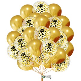 Gold 25th Birthday Balloons 12 Inch Age Printed Confetti Pearl Balloons Happy Birthday Balloons Birthday Decoration Pack of 16