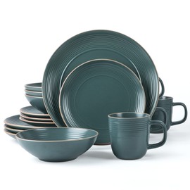 Arora RINGAR Round Stoneware 16pc Dinnerware Set of 4, Dinner Plates, Side Plates, Cereal Bowls, Mugs - Speckle Matte Green (434540)