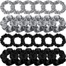 24 Pieces Satin Hair Scrunchies Silky Elastic Hair Bands Skinny Solid Hair Ties Ropes Ponytail Holder for Women Girls Hair Accessories Decorations, 2 Sizes (Gray, Black)