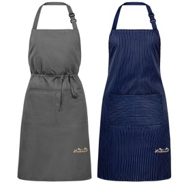 Viedouce Pack of 2 Aprons, Waterproof Cooking Apron with Pockets, Adjustable Kitchen Apron, BBQ Apron, Bib Apron, Kitchen Apron for Women, Men, Chefs, Durable & Easy to Clean, Navy Blue & Grey