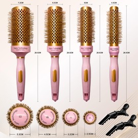 Round Brush Set for Blow Drying- 4 in 1 Round Brush with Section Clips - Nano Ceramic Ionic Barrel - Styling, Curling, Smoothing for All Hair Types