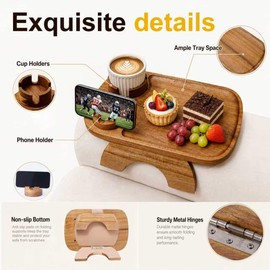 Couch Armrest Table,3-in-1 Clip On Acacia Wood Sofa Armrest Tray