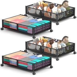 Under Bed Storage With Wheels, 4 Pack Foldable Pattern Carved Metal Under Bed Storage Containers, 60L Rolling Underbed Storage, Easy Assembly Under The Bed Storage for Shoes, Clothes, Blankets...
