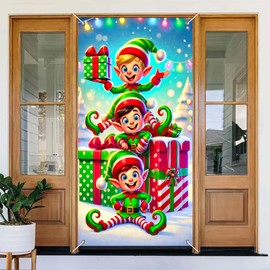 BlissYard Christmas Elf Door Banner 71x35 Inch Large Door Cover Holiday Decoration with Cute Elves Presents and Lights Winter Front Porch Hanging Backdrop with Strings for Xmas Party Entryway