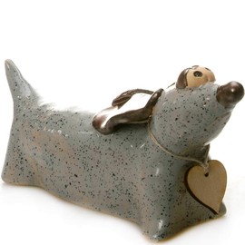 Enigma Supplies Grey Graphite Ceramic Dachshund with Wooden Messaging Heart Ceramic Quirky Ornament Gift for Dog Lovers Collectible Figurine